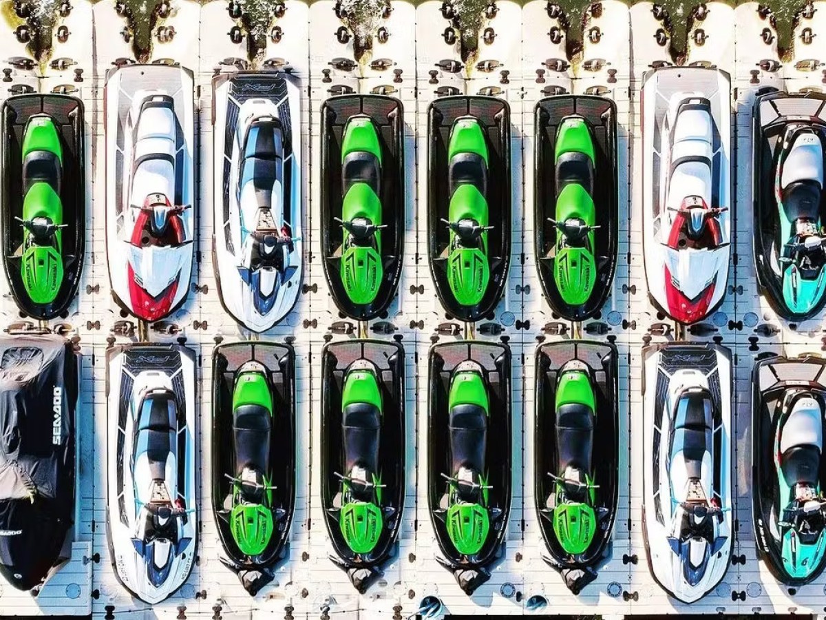 jet skis sitting on floating docks