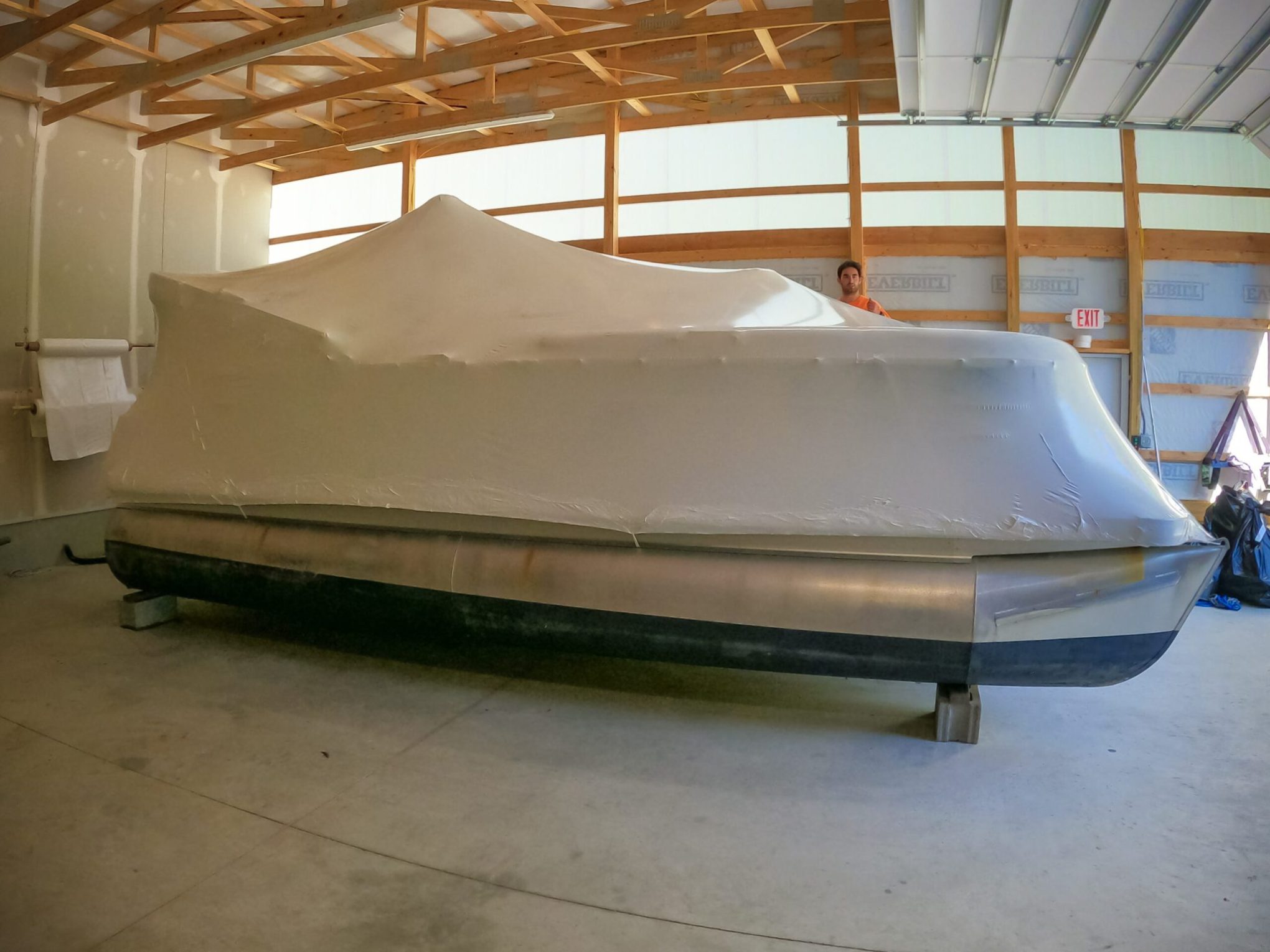 a boat sitting on top of a building