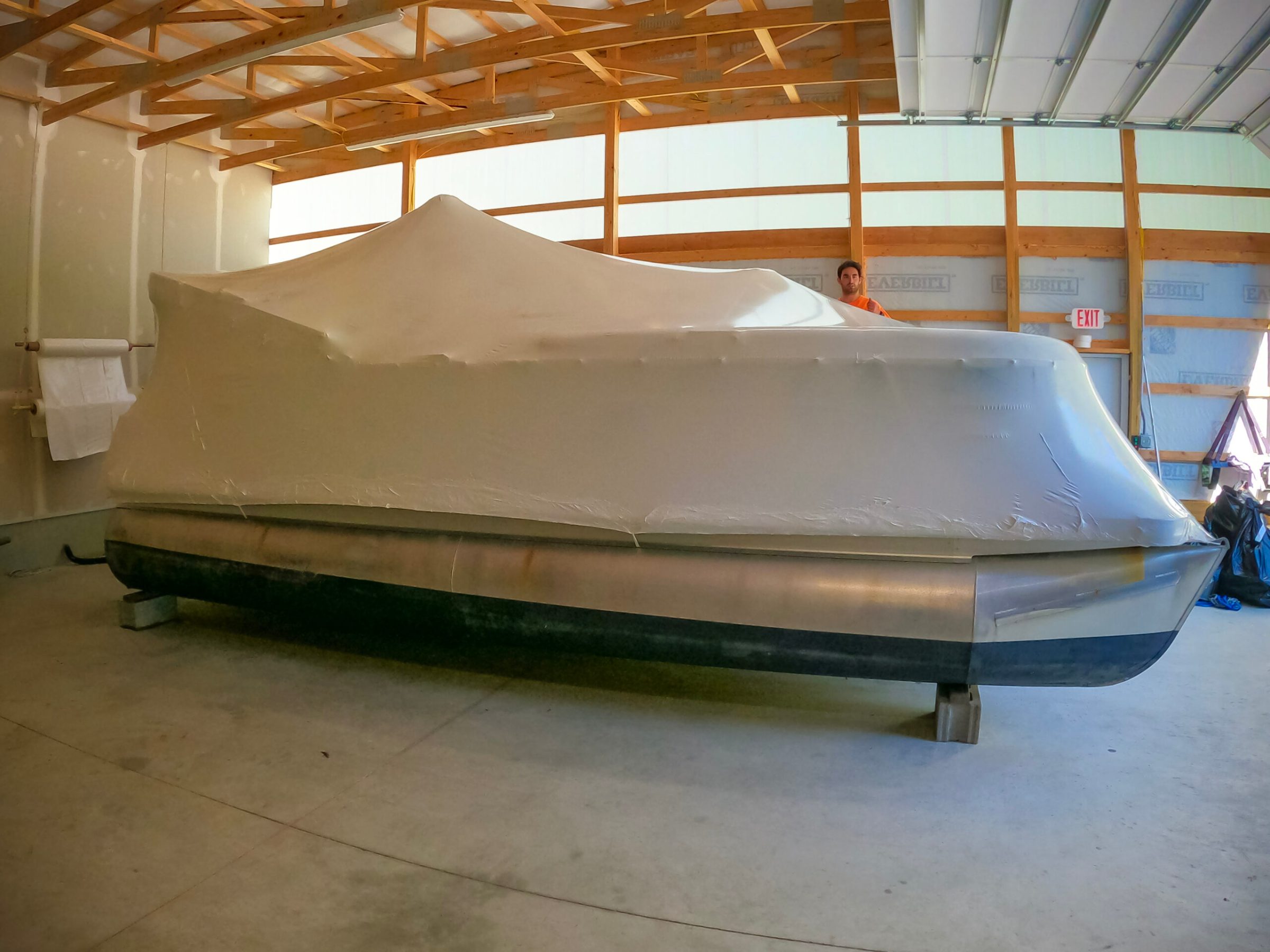 a boat sitting on top of a building