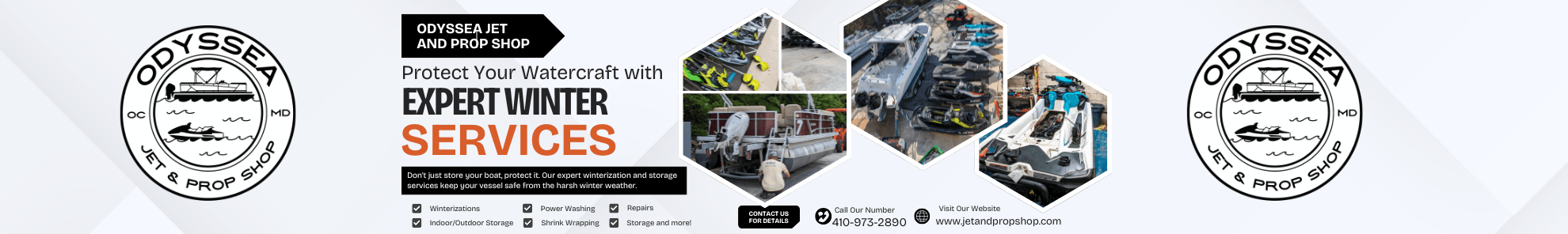 Odyssea Jet & Prop Shop offers expert winter boat services with logo and images of boats and shop details.